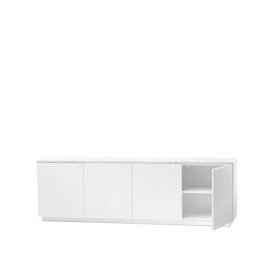 Beam side table, White lacquer, white base, tabletop in carrara marble