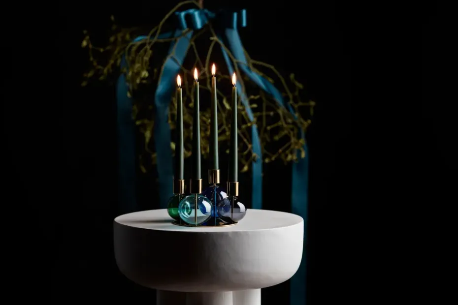 Bubble 4-arm candlestick Ø17.5x12 cm, Blue-green-smoke