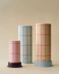 Column Candle block candle small 15 cm, Light pink-bordeaux grid