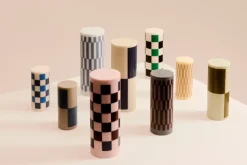 Column Candle block candle medium 20 cm, Off white-green-black check