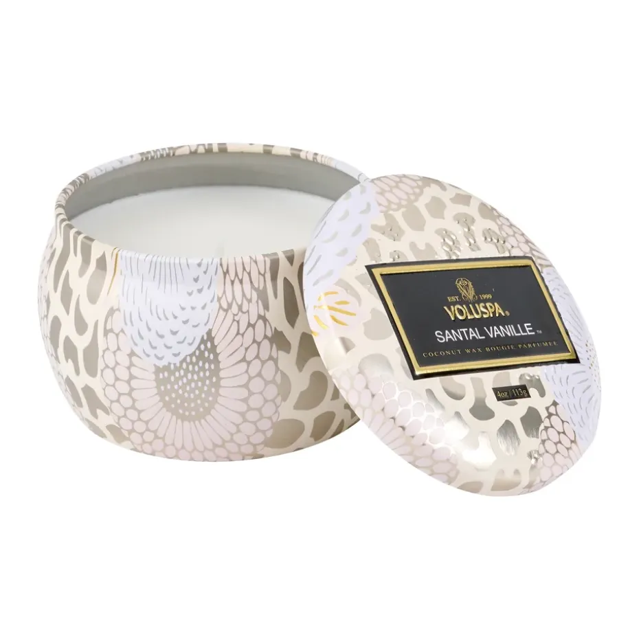 Decorative tin candle 25 hours, santal vanille