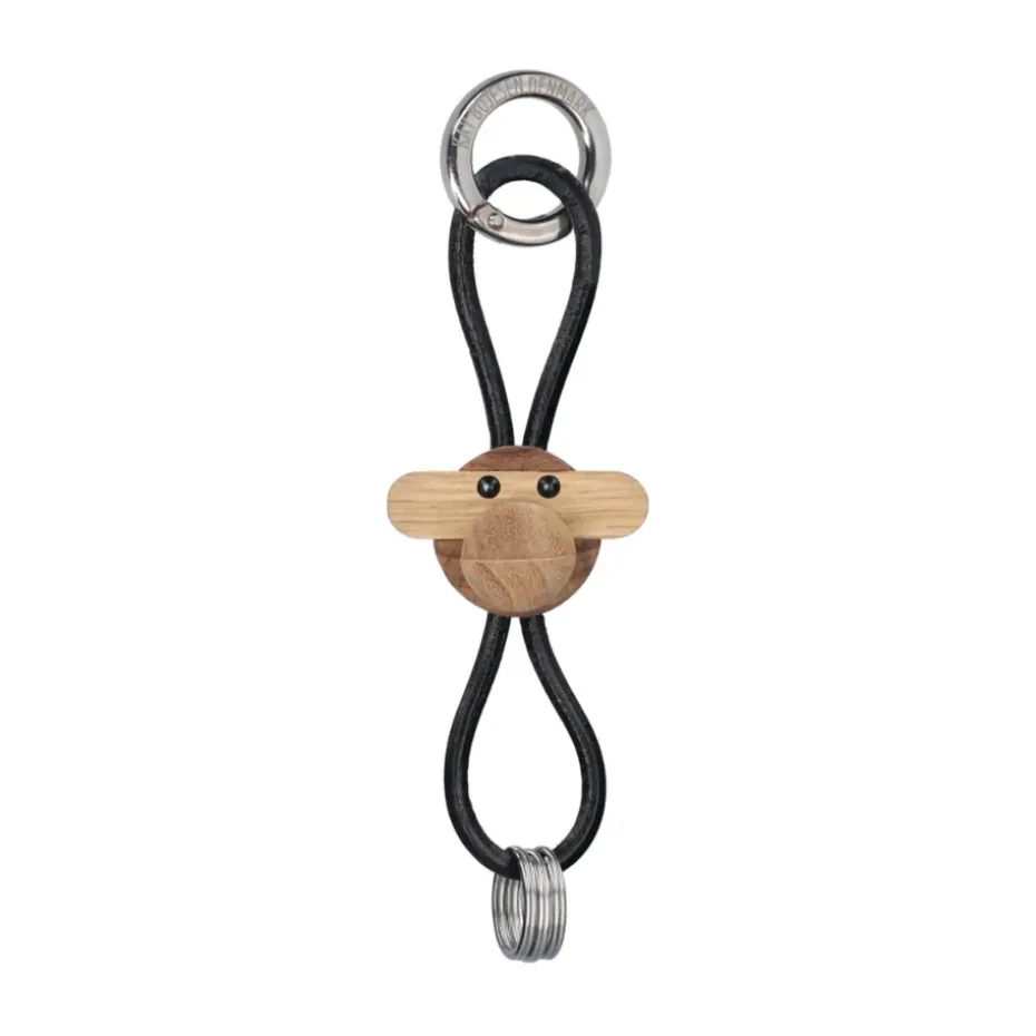 Kaj Bojesen monkey keyring, Teak-limb wood, black leather