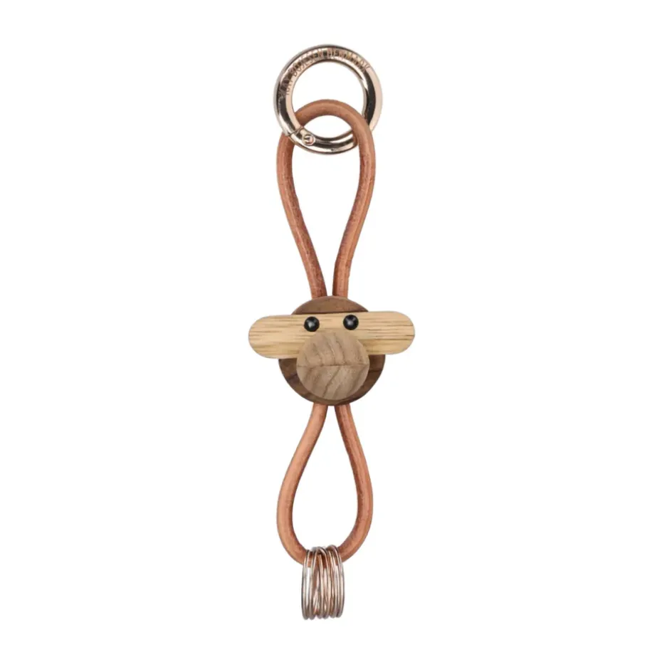 Kaj Bojesen monkey keyring, Teak, limba wood, natural leather