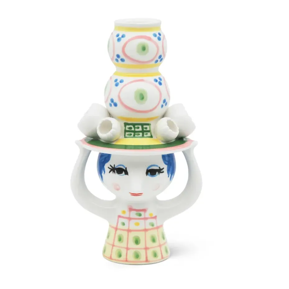 Lady with hat candle holder H16 cm, Pink