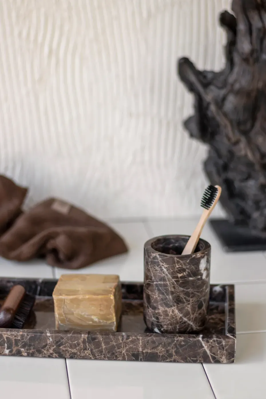 Marble toothbrush holder 10 cm, Brown
