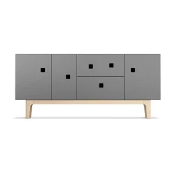 Peep M2 media bench, Slate grey. White pigmented oak