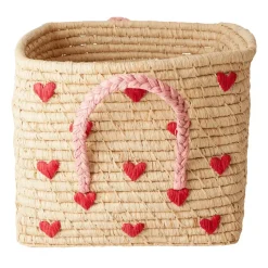 Rice raffia basket with handle 30x30 cm, Red hearts