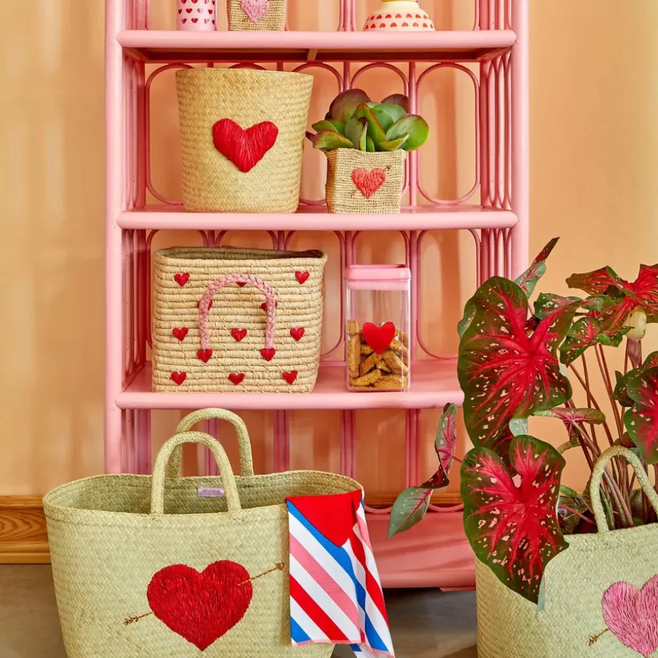 Rice raffia basket with handle 30x30 cm, Red hearts