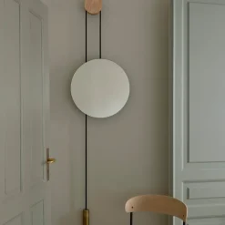 Rise and Shine mirror, Natural oak-brass weight