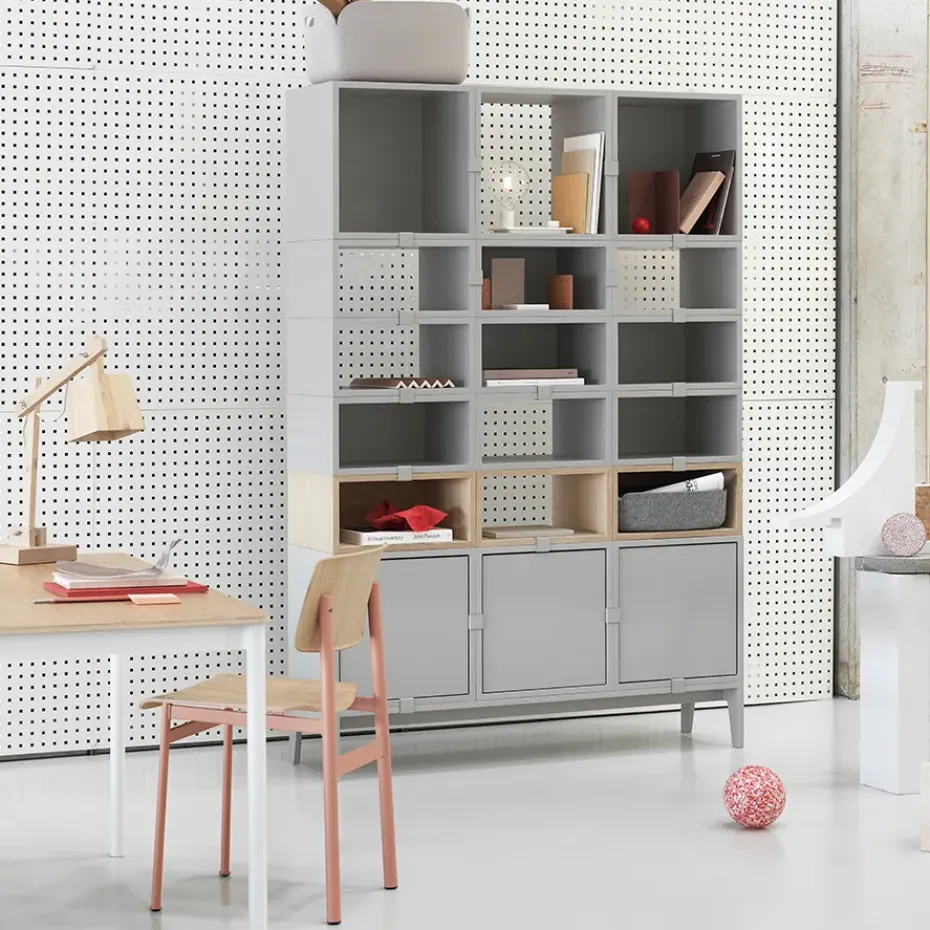 Stacked 2.0 shelving with back plate, small, oak