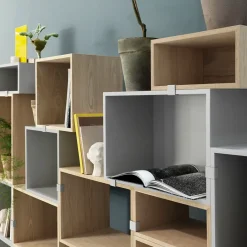 Stacked 2.0 shelving with back plate, small, oak