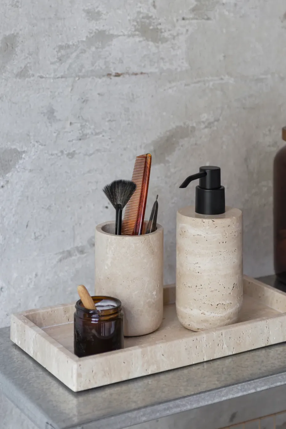 Travertine soap pump 17.5 cm, Linen